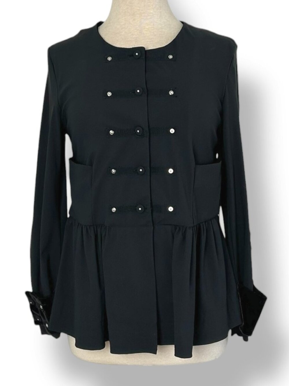 Indies Black Lightweight Military Top Jacket Napoleon Velvet Trim Peplum Sz 40,M